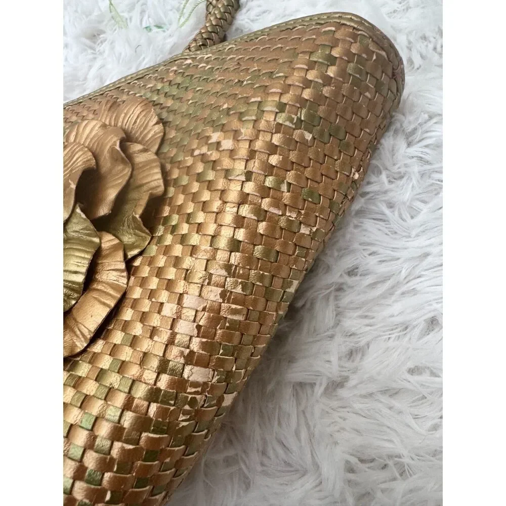 Cabouchon Woven Metallic Gold Leather Tote with Oversized Flower Applique